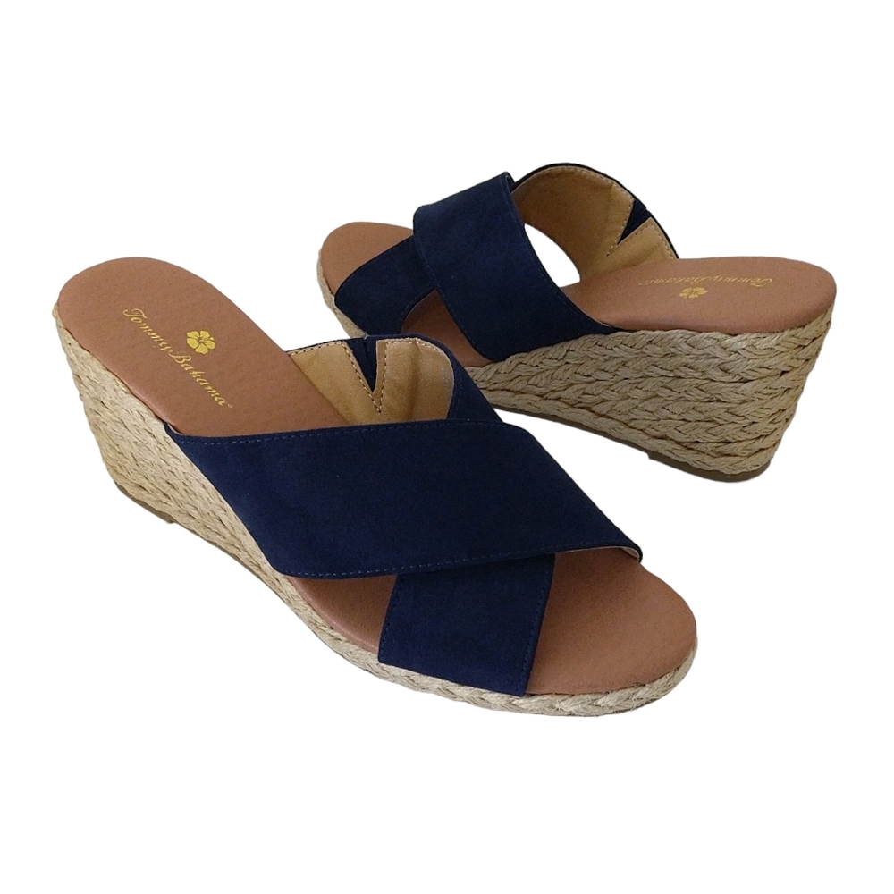 Tommy Bahama Stacey Navy Blue Criss-Cross Fabric Espadrille Wedge Sandals Beachy